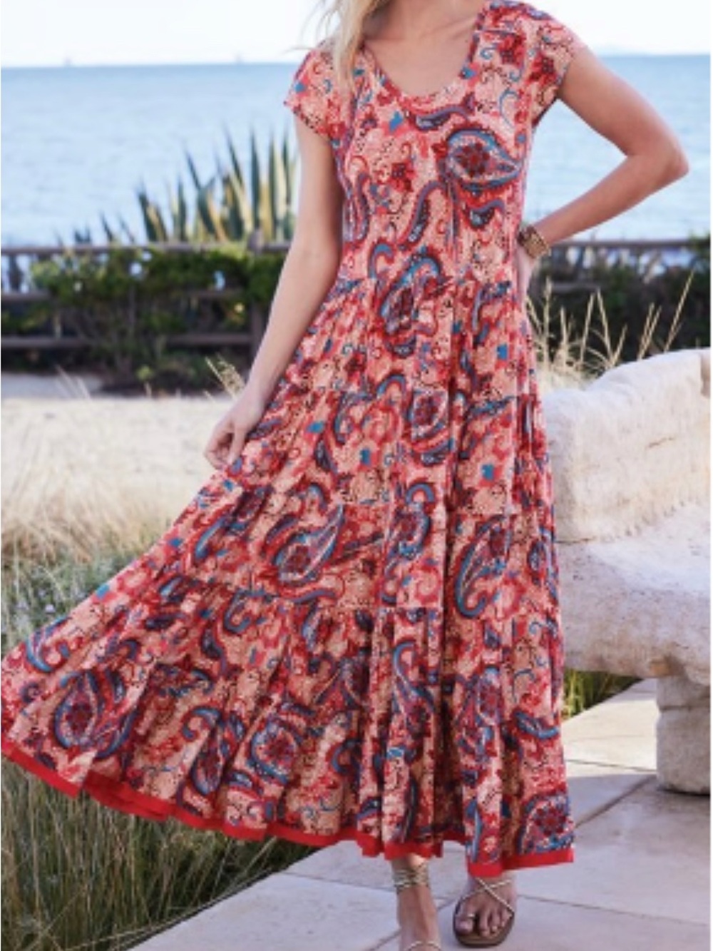 Soft Surrondings Women's Coral Paisley Maxi Dress with Cap Sleeves - Picture 1 of 10